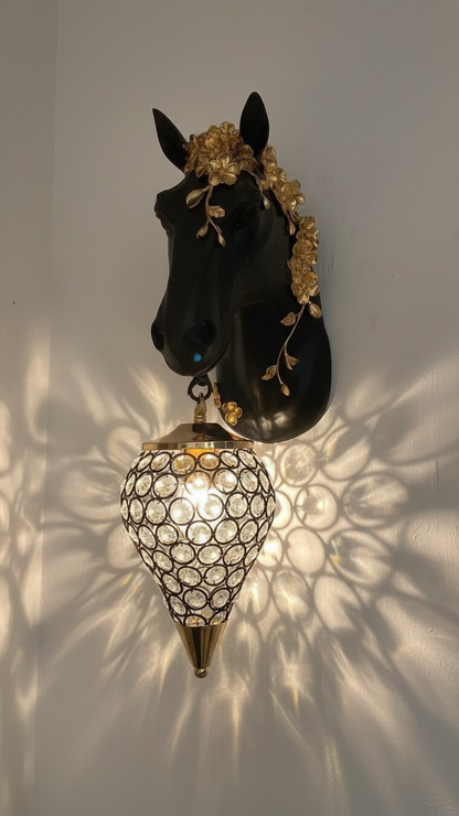 Swanart horse head wall light with crystal accents, modern LED sconce in gold and black finish, decorative bedroom or living room lighting