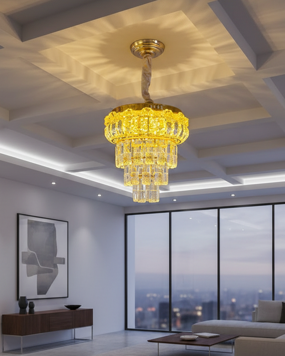 Swanart modern crystal chandelier ceiling light with gold finish, hanging LED pendant lamp, crystal accents, and Bluetooth music speaker.