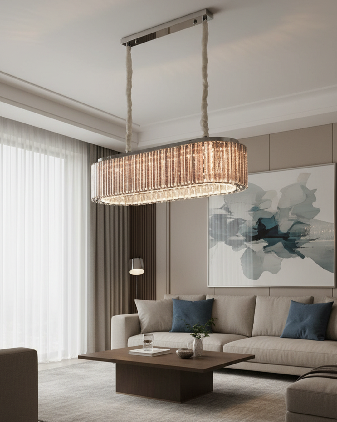 Swanart crystal oval chandelier with warm LED lighting, modern 80cm hanging pendant light for living room and dining area decor