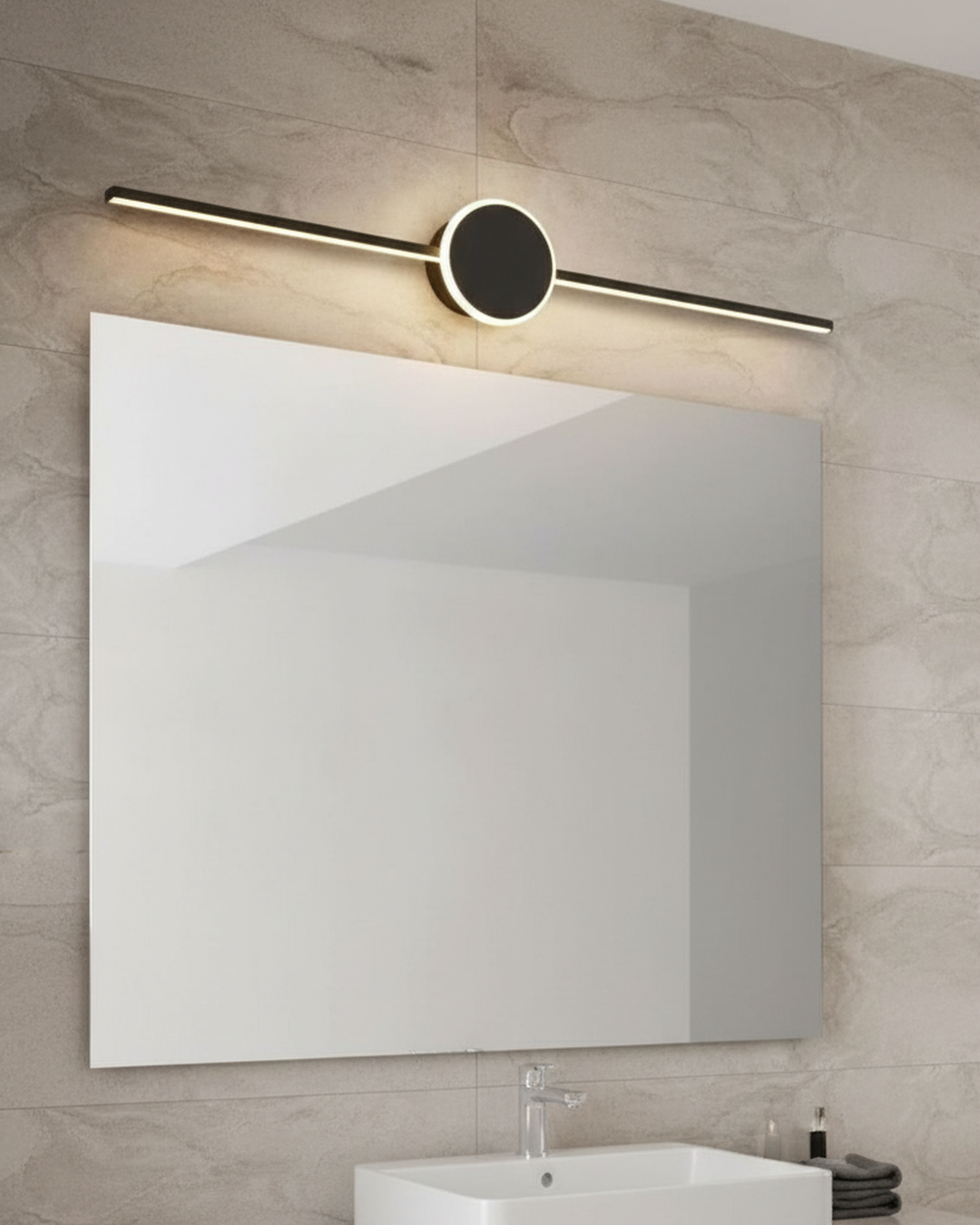 Swanart 18W modern LED mirror light with three light modes in white, warm white, and neutral white, sleek black finish.