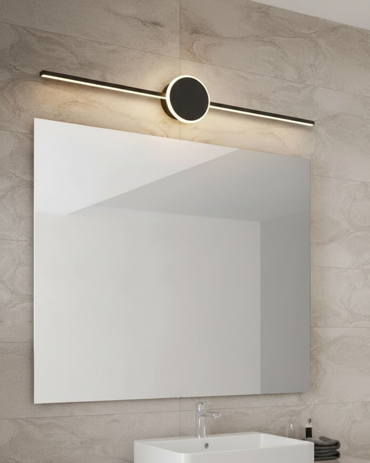 Swanart 18W modern LED mirror light with three light modes in white, warm white, and neutral white, sleek black finish.