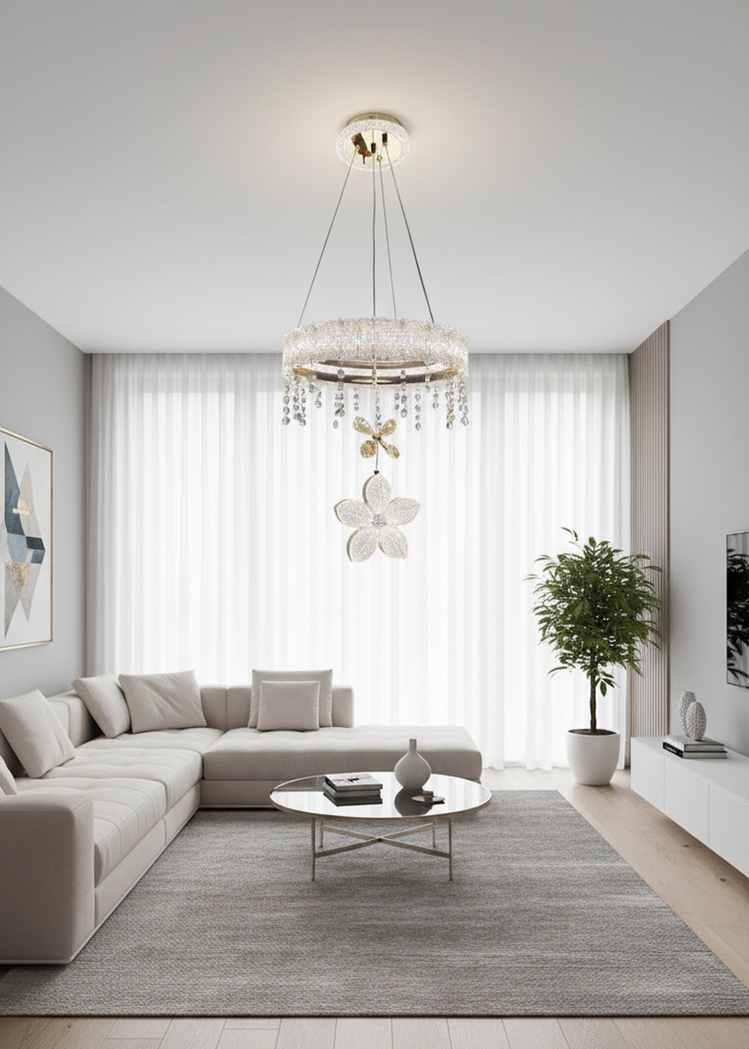 Swanart crystal flower chandelier with gold ring and LED flower design, hanging ceiling light for living room or bedroom decor