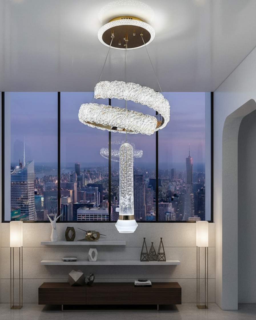 Swanart Icelis Crystal LED chandelier with modern design, 3-in-1 color change, adjustable height, featuring luxurious crystals and metal accents.