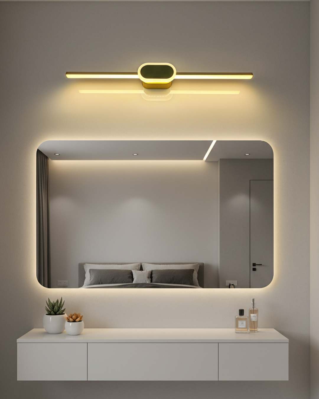 Swanart mirror frame with integrated LED lights, showcasing a modern design for wall decor and picture framing.