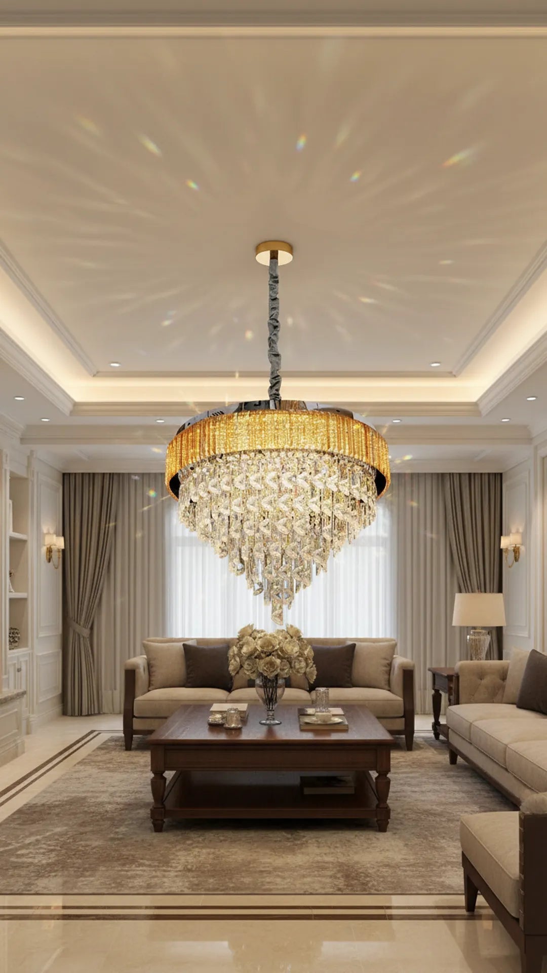 Swanart luxury crystal chandelier with five gold layers, round LED pendant light for living room, dining, bedroom, or hotel decor
