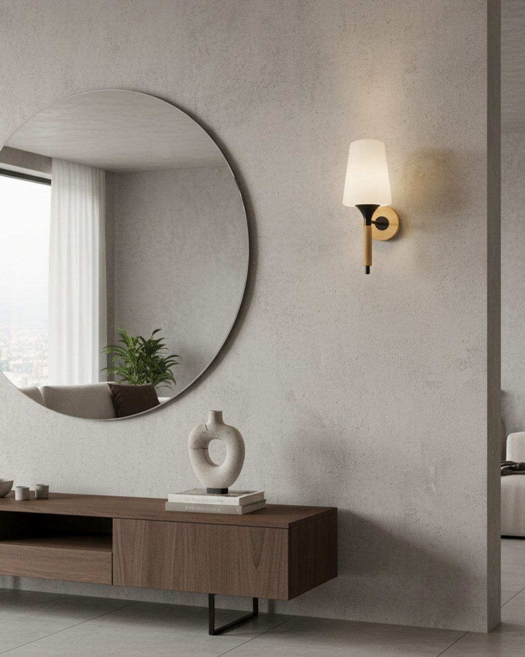 Swanart modern wooden wall sconce with frosted glass shade, minimalist indoor lamp for warm ambient lighting in bedroom or living room