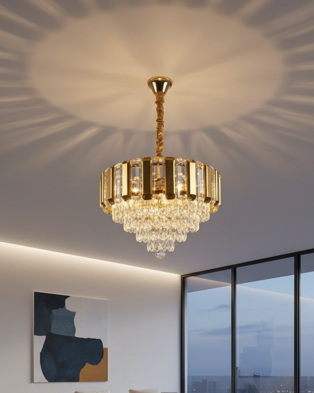 Swanart crystal hanging light fixture with multiple glass pendants, stylish pendant lighting for modern home decor.