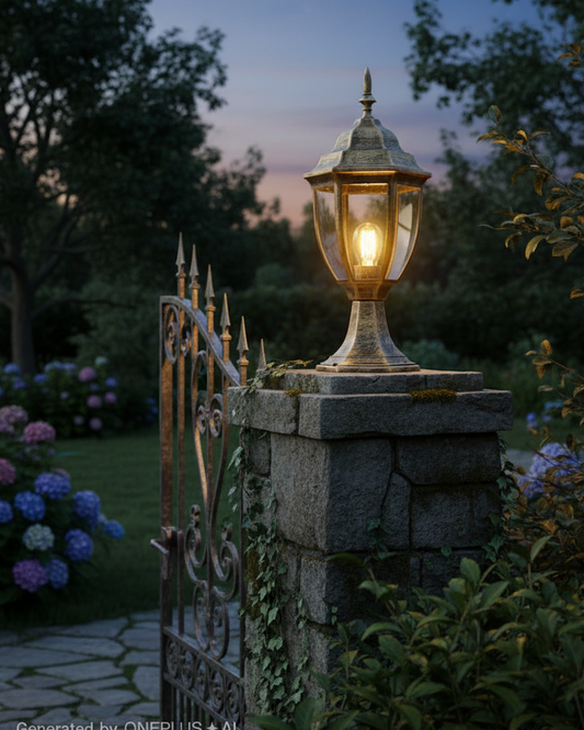 Swanart Vintage Outdoor Gate Light, Antique Gold Pillar Lamp, Waterproof Garden Post Lantern, E27 Decorative Exterior Light for Gate, Balcony, Terrace, Pathway & Villa Entrance (14 x 40 CM)