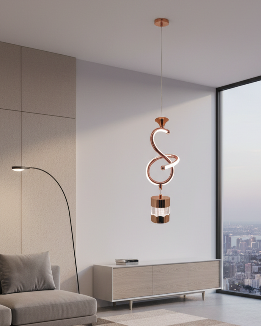 Swanart modern rose gold spiral pendant light with crystal accents and adjustable height, ideal for dining, living, or bedroom decor.