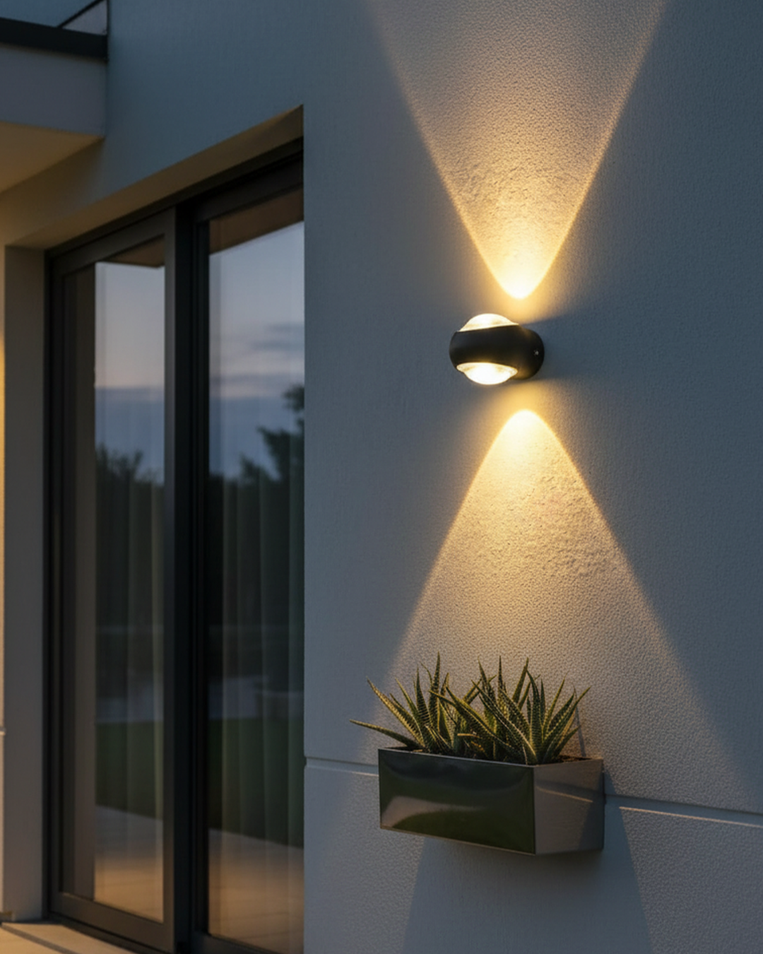 Swanart outdoor LED wall light with warm white glow, waterproof sconce for balcony, garden, porch, and patio lighting.