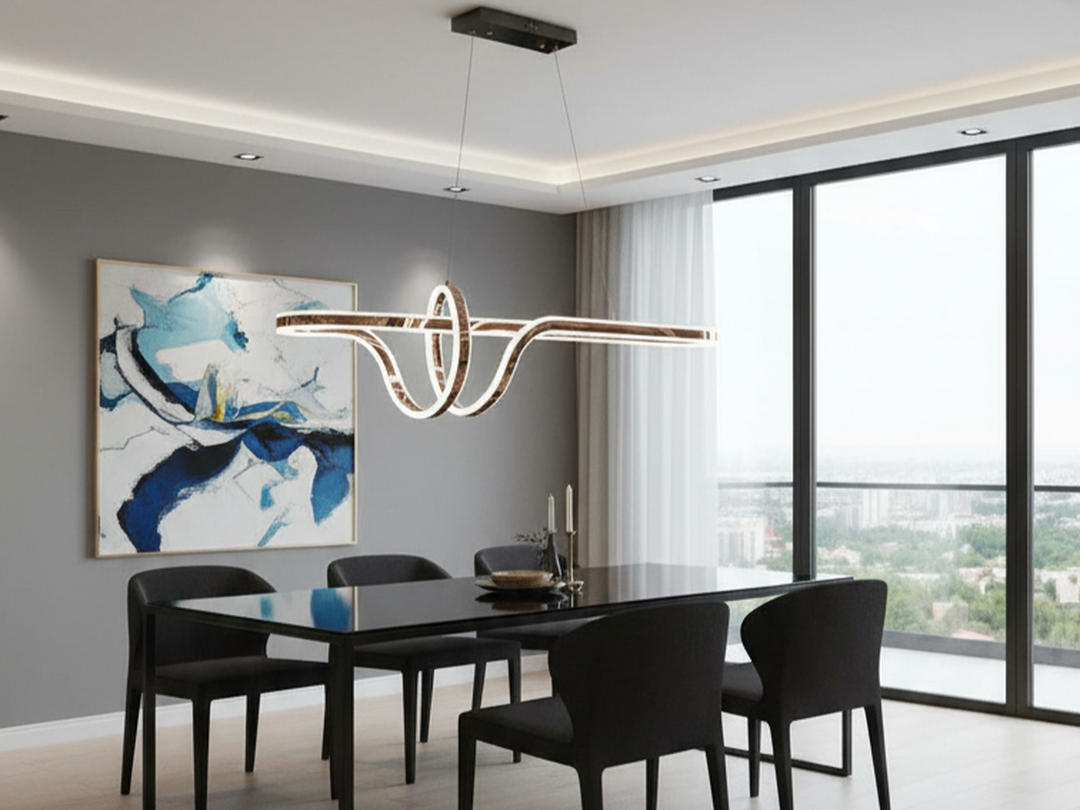 Swanart modern LED wave pendant chandelier hanging over a dining table, contemporary linear LED ceiling light with artistic design