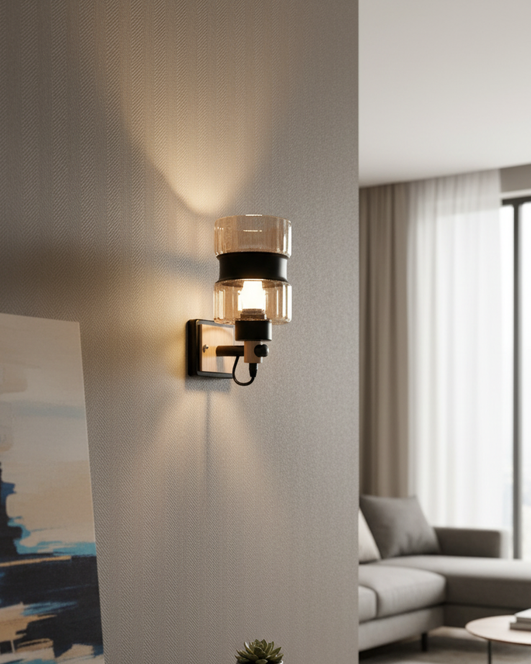 Swanart modern wall sconce with amber glass shade, black metal and wood finish, warm LED lighting for living room or bedroom decor