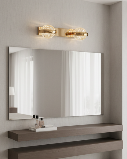 Swanart modern gold crystal wall light with double globe LED vanity fixtures, warm white mirror lighting for bathroom or bedroom decor