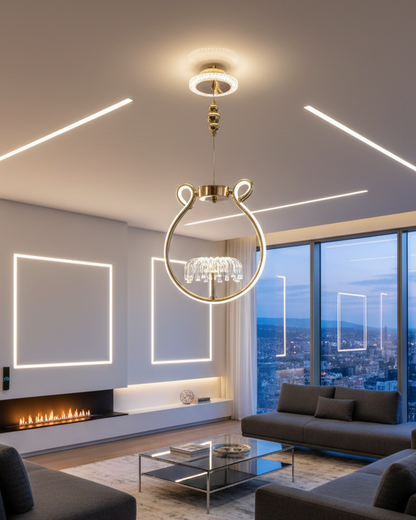 Swanart modern gold halo pendant light with glass rods, LED hanging lamp, adjustable height, ideal for dining, living, or bedroom.