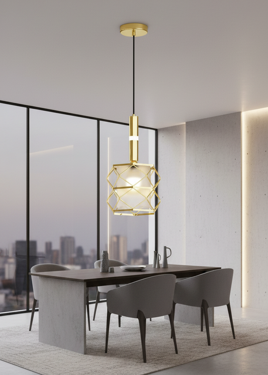 Modern gold geometric pendant light by Swanart with frosted glass shade, hanging from a metal frame for kitchen or dining room decor.