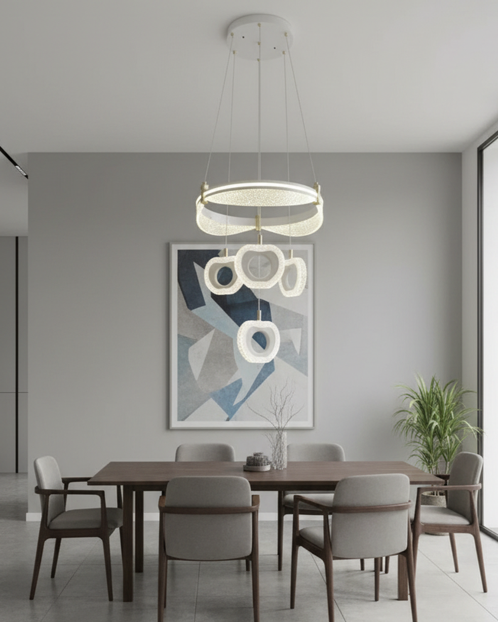 Swanart modern LED ring chandelier with crystal flower pendants hanging from a ceiling, decorative lighting for living and dining rooms.