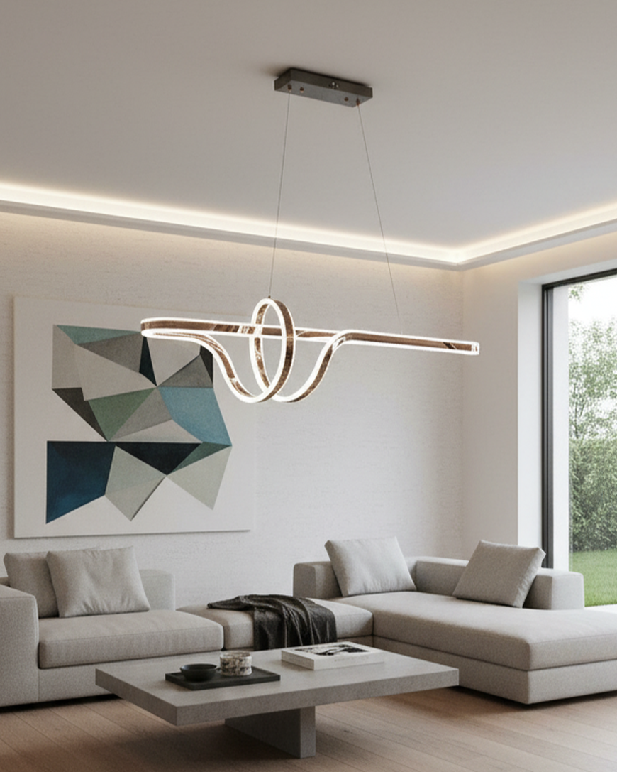 Swanart modern LED wave pendant chandelier hanging above a dining table, featuring sleek contemporary design and artistic lighting.