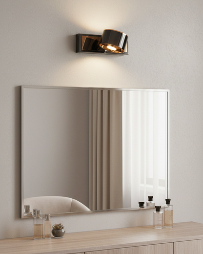 Modern Swanart black and rose gold wall sconce with adjustable LED light and rotatable head, ideal for living room, bedroom, or office decor.