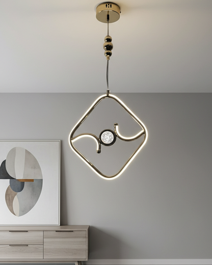 Swanart modern gold LED pendant light with diamond chandelier design, warm LED ring, hanging ceiling fixture in a contemporary living space