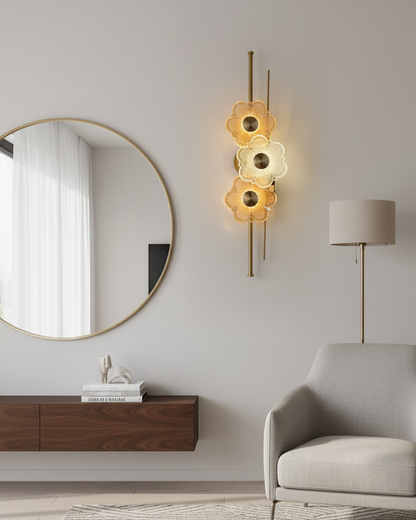 Swanart modern flower crystal wall light with gold finish, decorative floral glass LED sconce for living room, bedroom, hallway, or dining room