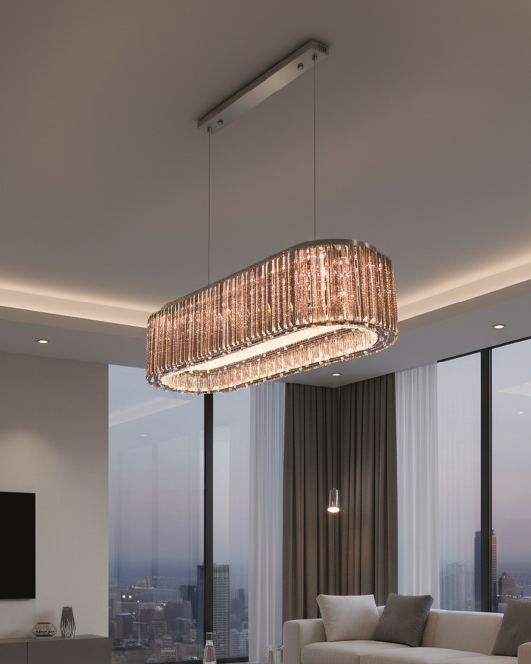 Swanart Crystal Oval Chandelier with modern LED lighting, hanging pendant for dining room or living area, elegant decorative ceiling light