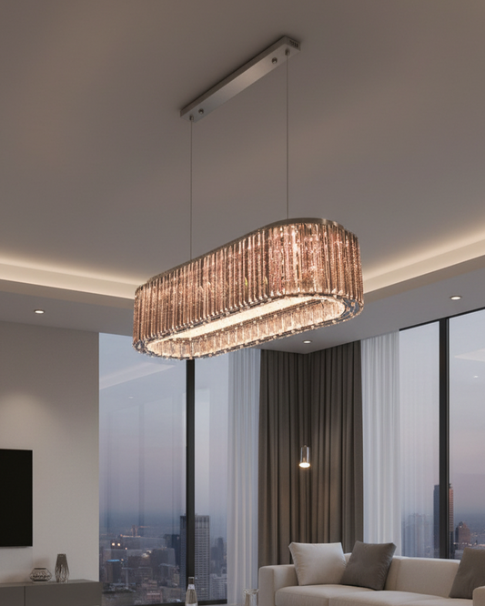Swanart Crystal Oval Chandelier with modern LED lighting, hanging pendant for dining room or living area, elegant decorative ceiling light
