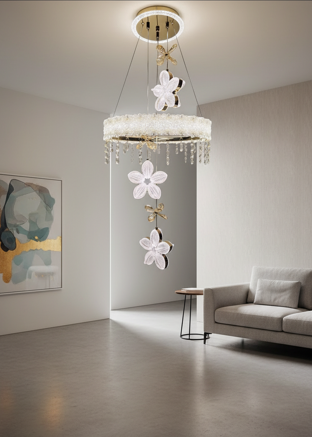 Swanart modern crystal flower chandelier with gold finish, LED pendant light, decorative floral design for living or dining room decor