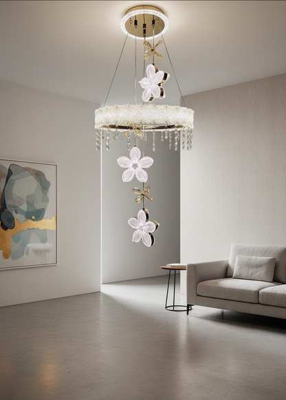 Swanart modern crystal flower chandelier with gold finish, LED pendant light, decorative floral design for living or dining room decor
