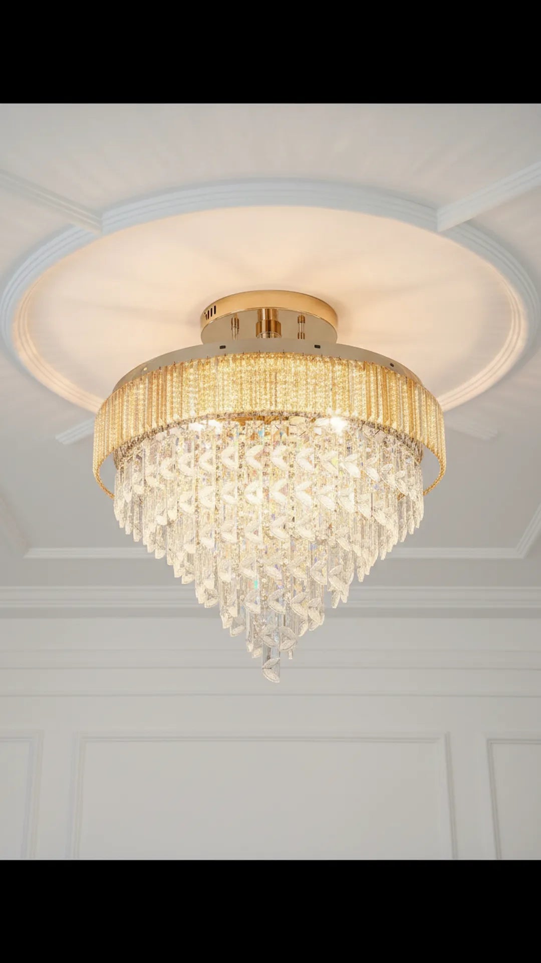 Swanart luxury crystal chandelier with five gold crystal layers, round modern LED ceiling pendant light for living or dining rooms