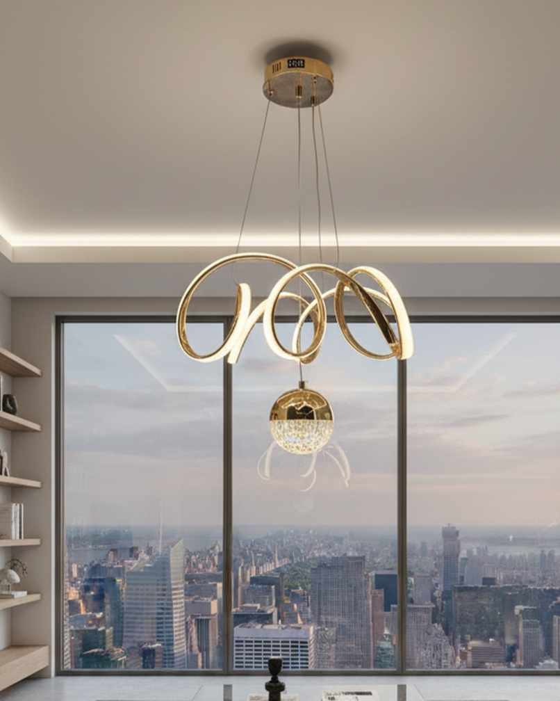 Swanart Fiberglass Vortex contemporary LED pendant light with chic profile, ideal for residential and professional spaces.