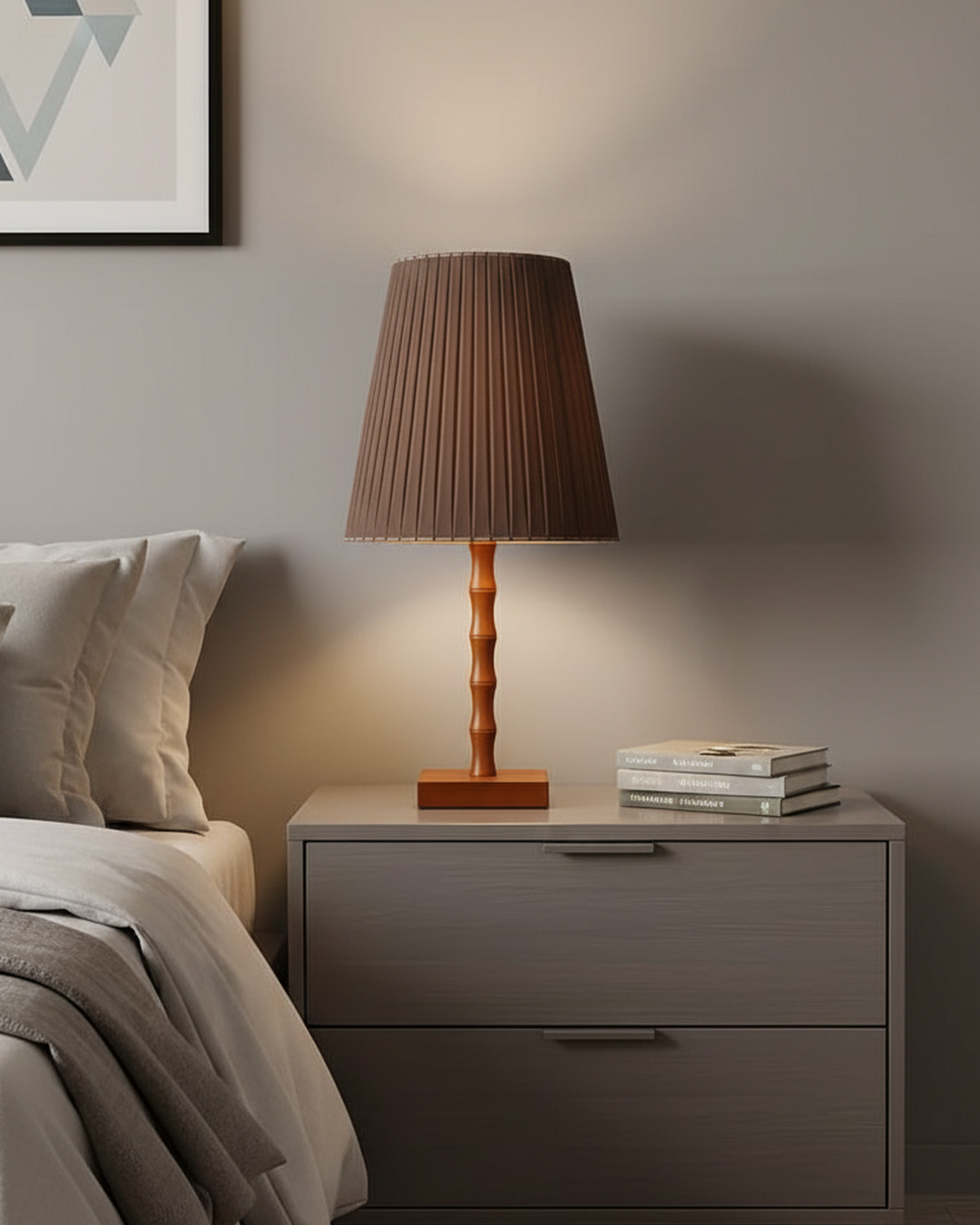 Swanart modern bedside table lamp with fabric shade and wooden base, providing warm ambient lighting for bedroom or living room decor.