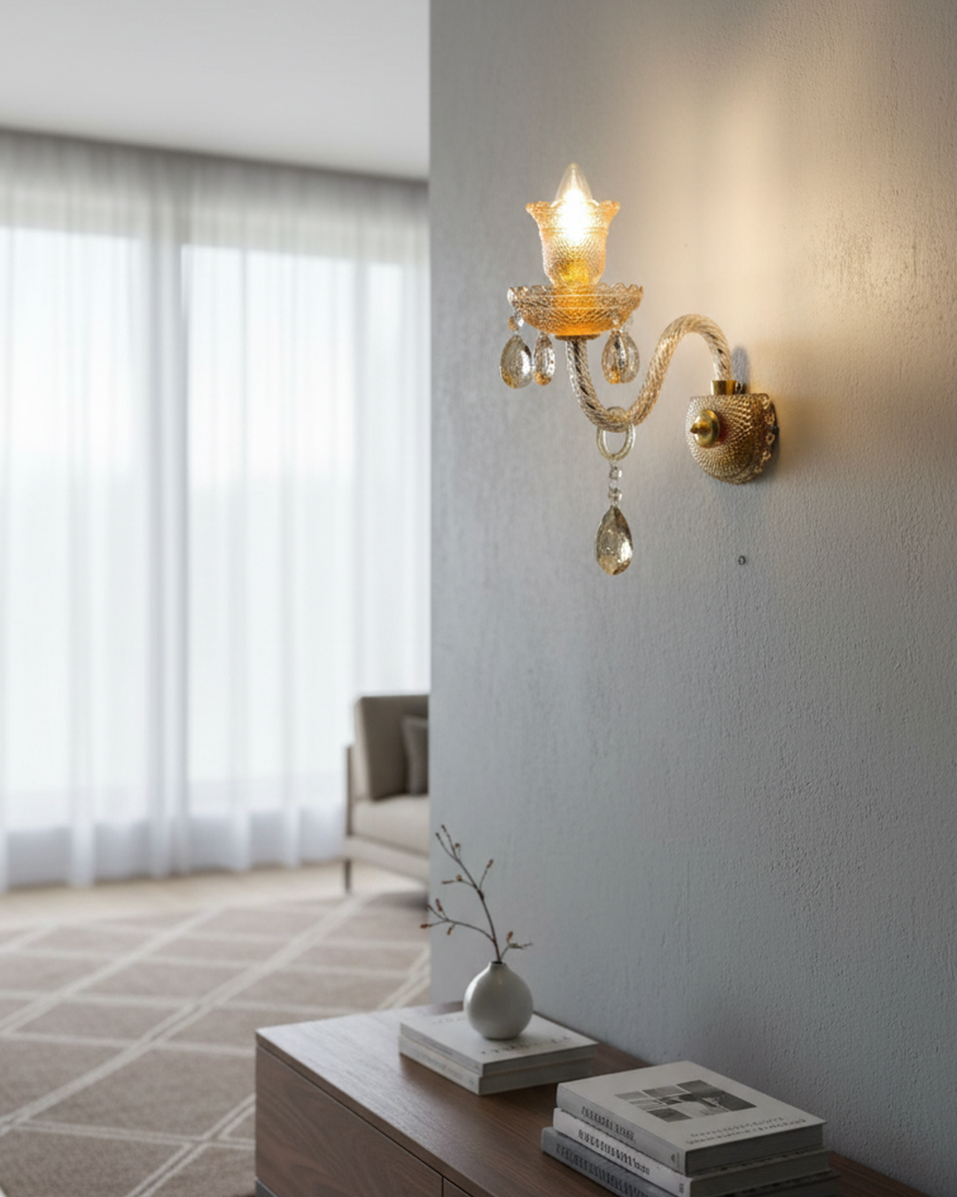 Elegant Swanart crystal wall sconce with gold finish and hanging crystal drops, ideal for living room or bedroom decor.
