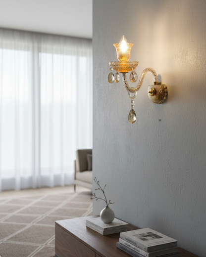 Elegant Swanart crystal wall sconce with gold finish and hanging crystal drops, ideal for living room or bedroom decor.