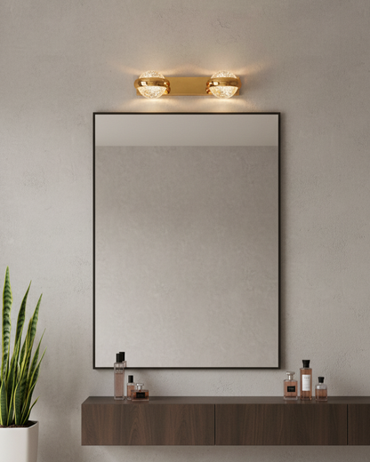Swanart modern gold crystal wall light with double globe LED vanity fixtures, warm white mirror lighting for bathroom or hallway decor