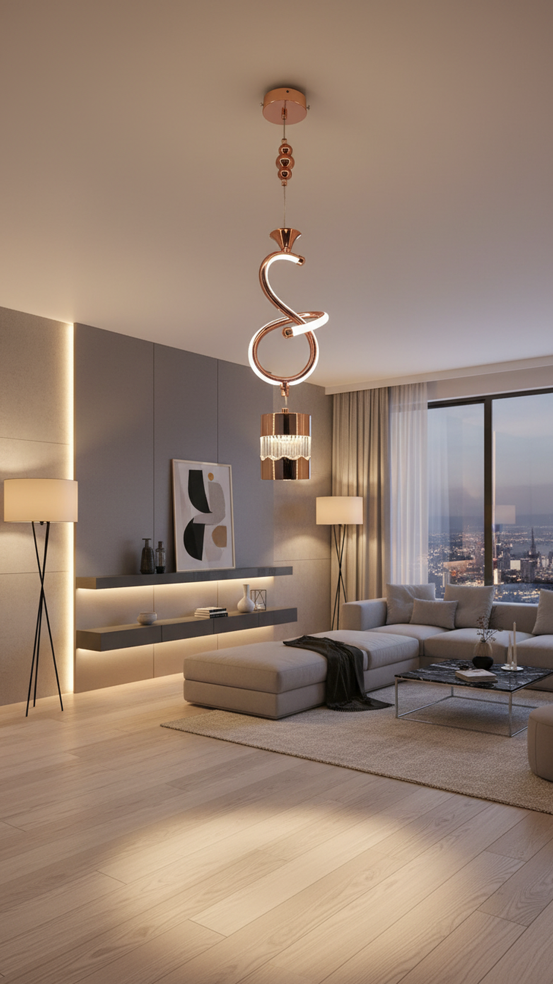 Swanart Modern Rose Gold Spiral Pendant Light - Elegant LED Hanging Lamp with Crystal Accent and Adjustable Height, Perfect for Dining Rooms, Living Rooms, and Bedrooms - Swanart