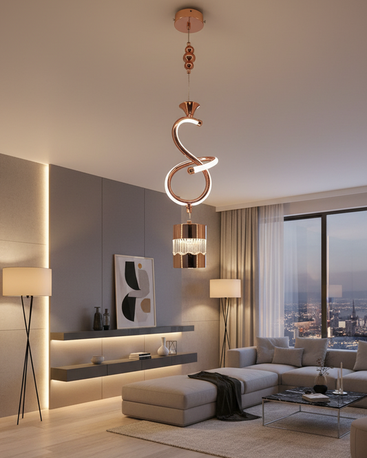 Swanart modern rose gold spiral pendant light with crystal accents, hanging LED lamp with adjustable height for dining or living rooms