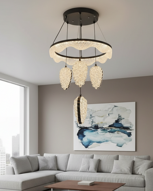 Swanart modern crystal ring chandelier ceiling light with LED pendant, decorative crystal fixture for living, dining, or bedroom decor