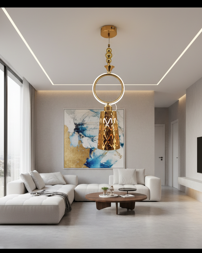 Swanart modern gold pendant light with hammered metal shade and ring design, hanging from ceiling, adjustable height for kitchen or dining.