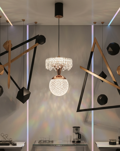 Modern Swanart 2-tier crystal pendant light with black and rose gold finish hanging from a ceiling fixture.