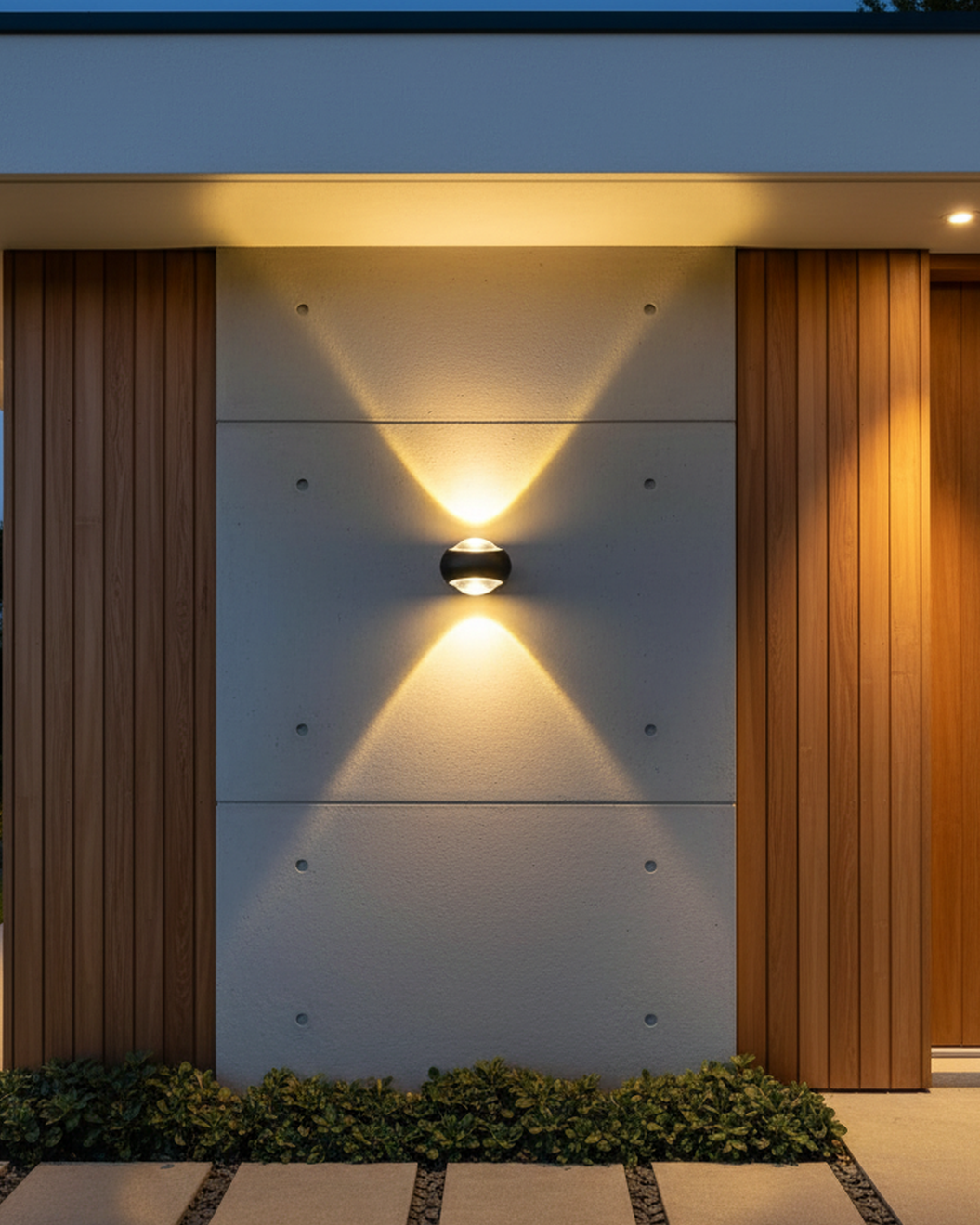 Swanart modern outdoor LED wall light with waterproof design, warm white glow, suitable for balcony, garden, porch, and patio.