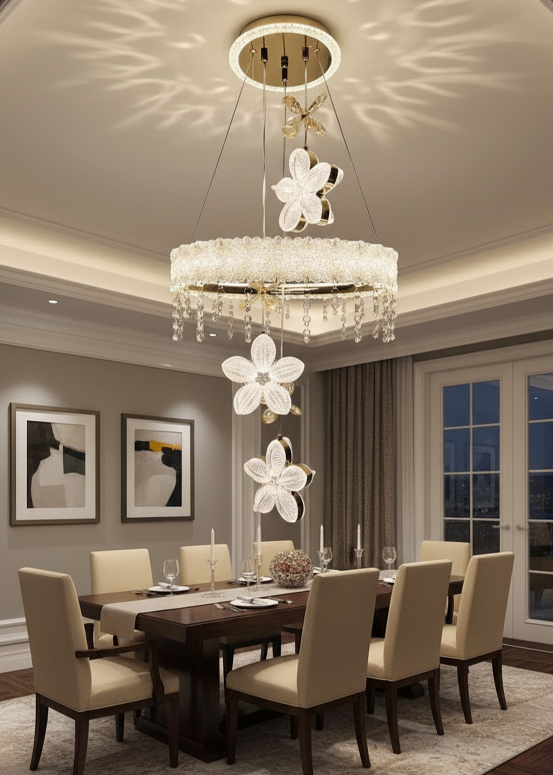 Swanart modern crystal flower chandelier with LED pendant light, gold floral design hanging from a ceiling for elegant home decor.
