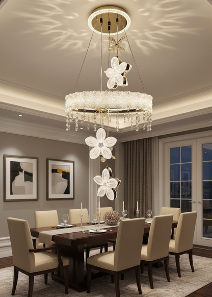 Swanart modern crystal flower chandelier with LED pendant light, gold floral design hanging from a ceiling for elegant home decor.