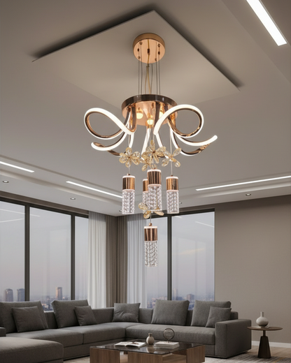 Swanart modern crystal LED chandelier with gold finish, floral design hanging pendant ceiling light for living room or bedroom decor