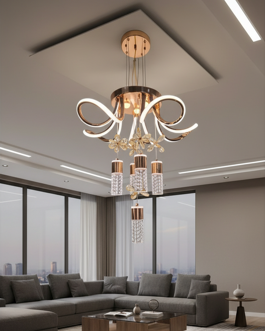 Swanart modern crystal LED chandelier with gold finish, floral design hanging pendant ceiling light for living room or bedroom decor