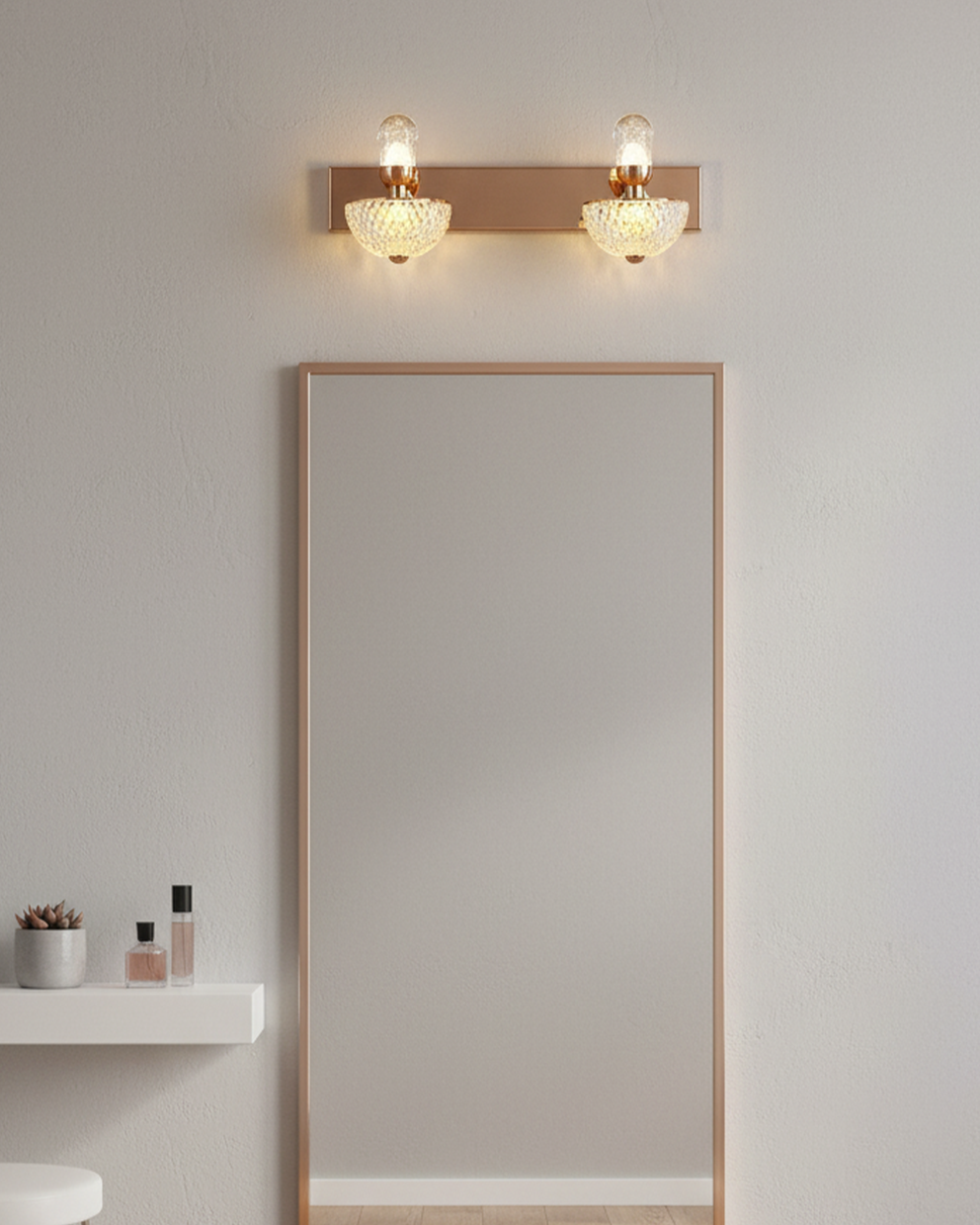 Swanart modern rose gold wall sconce with dual LED lights and diamond cut glass shades, ideal for living room, bedroom, or hallway decor