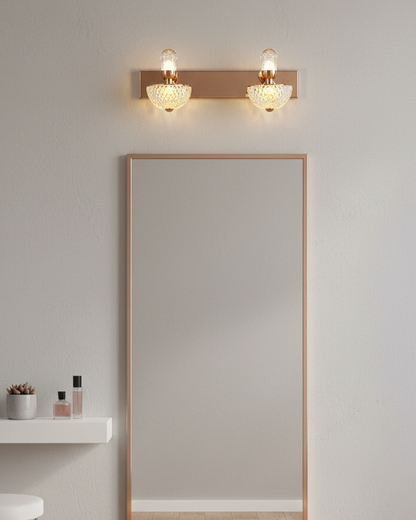 Swanart modern rose gold wall sconce with dual LED lights and diamond cut glass shades, ideal for living room, bedroom, or hallway decor