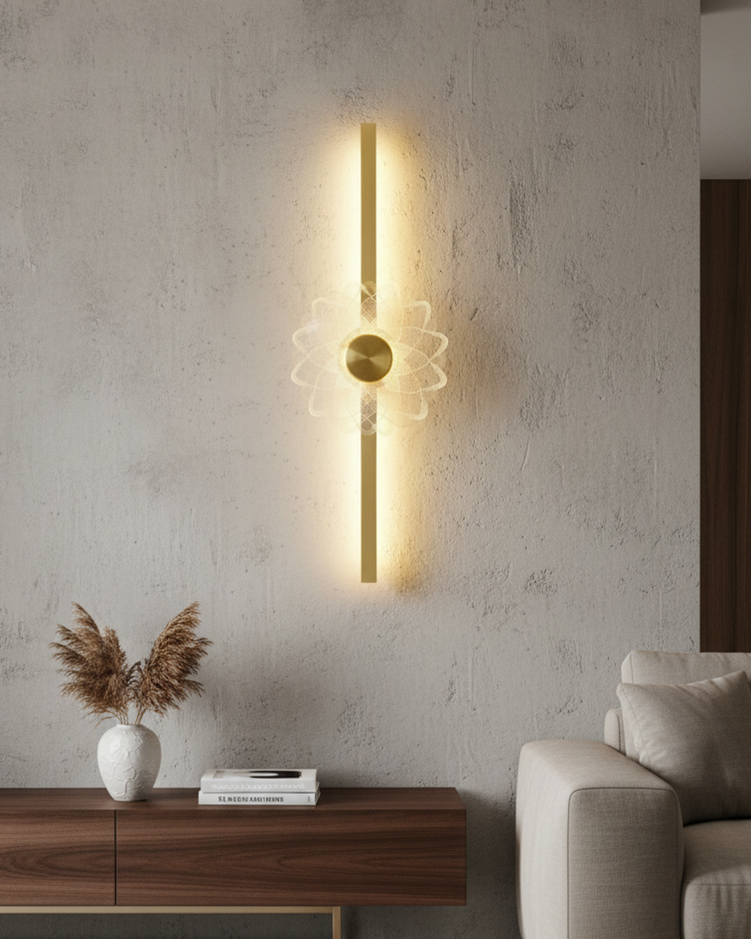 Swanart gold LED wall sconce with decorative crystal pattern, warm white light, ideal for living room, bedroom, or hallway.