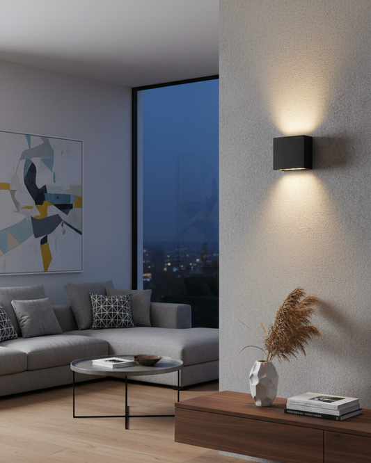 Swanart modern black cube LED wall light with up and down warm white illumination, suitable for indoor and outdoor living spaces.