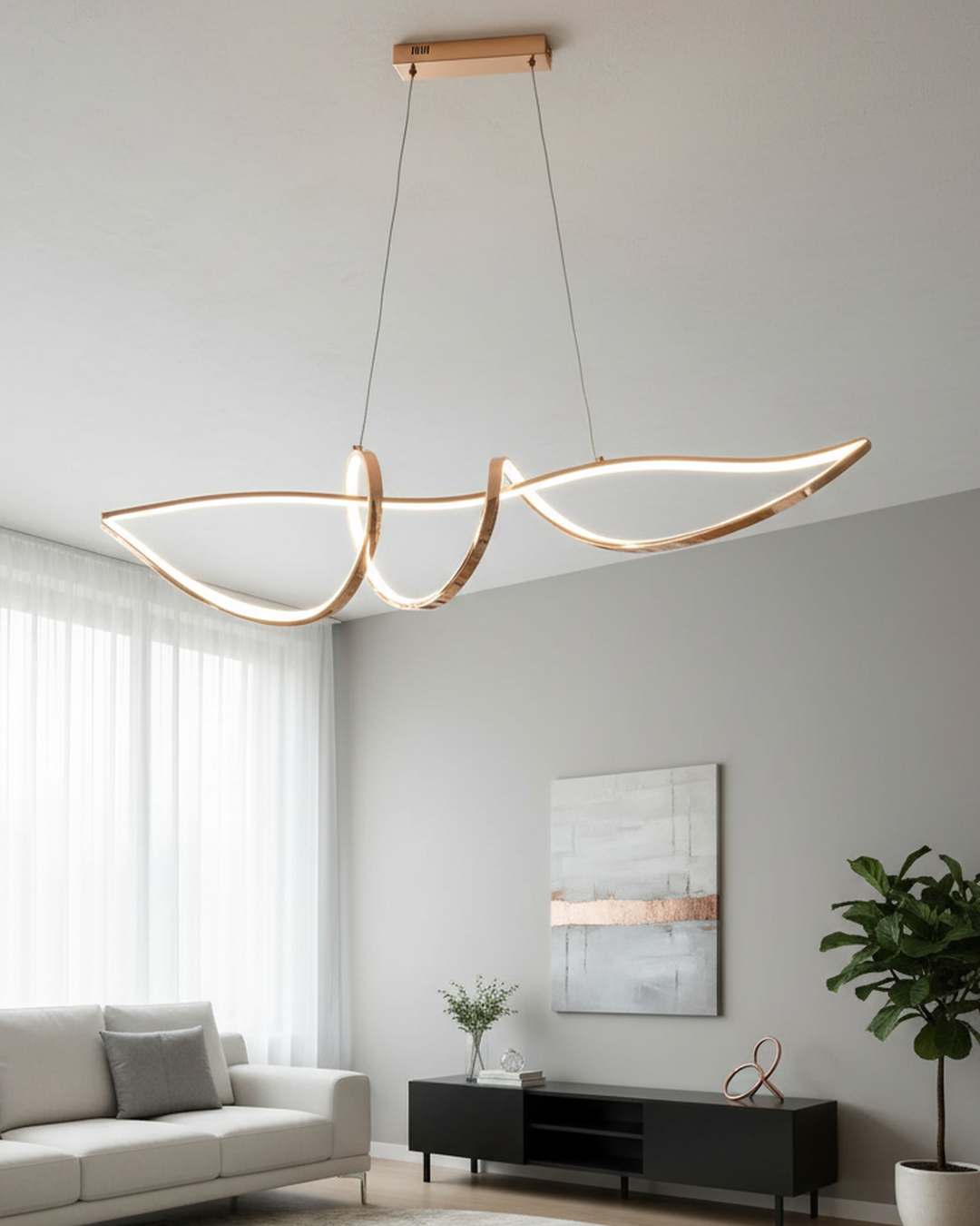 Swanart modern pendant light hanging in a stylish home setting, showcasing sleek design and elegant lighting.
