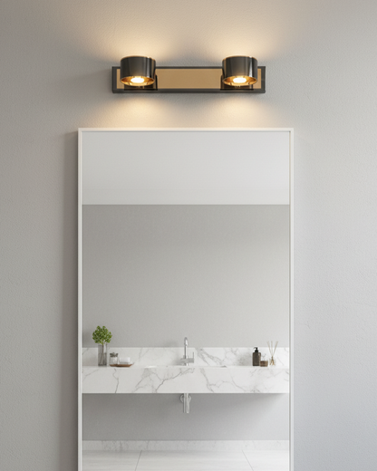 Swanart modern rose gold and black wall sconce with dual cylindrical LED lights, adjustable for living room, bedroom, or hallway decor.